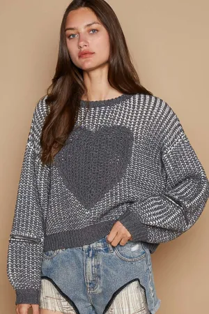 ROUND NECK HEART PATCH ZIPPER SLEEVE SWEATER (Charcoal)