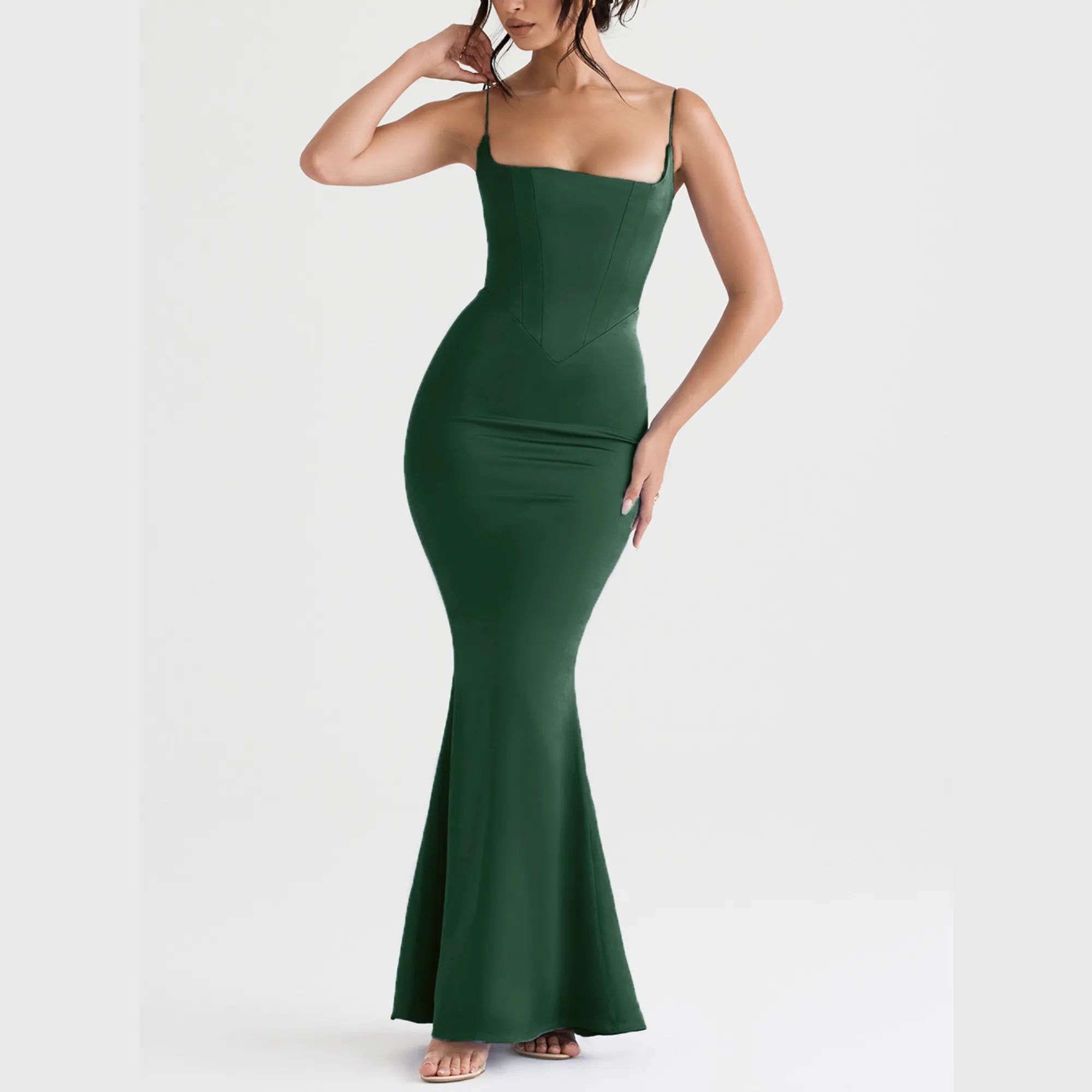 Shiloh - Green Satin Maxi Bodycon Dress