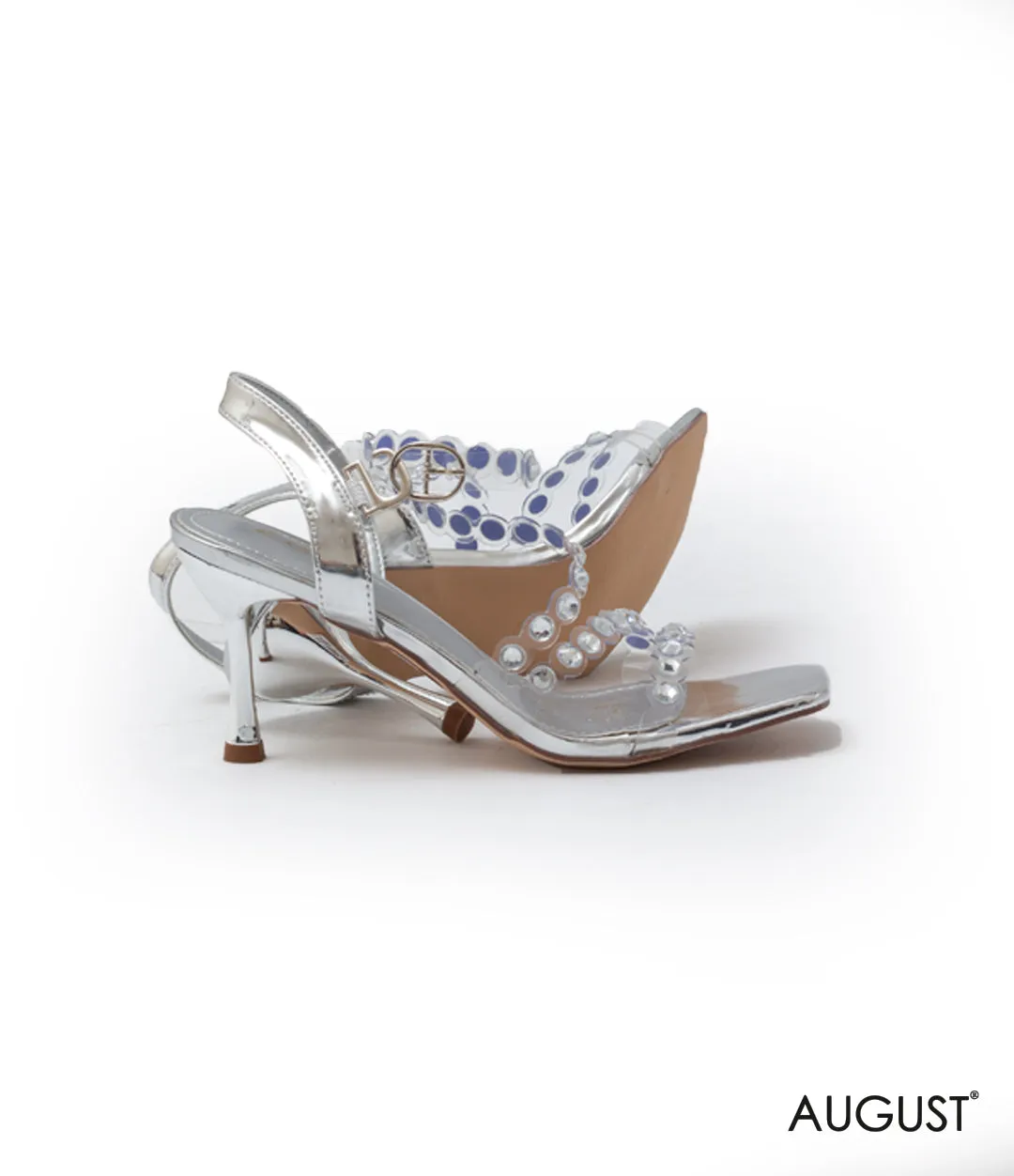 SILVER CLEAR STUUDED CRYSTAL LOW-HEELED SANDAL