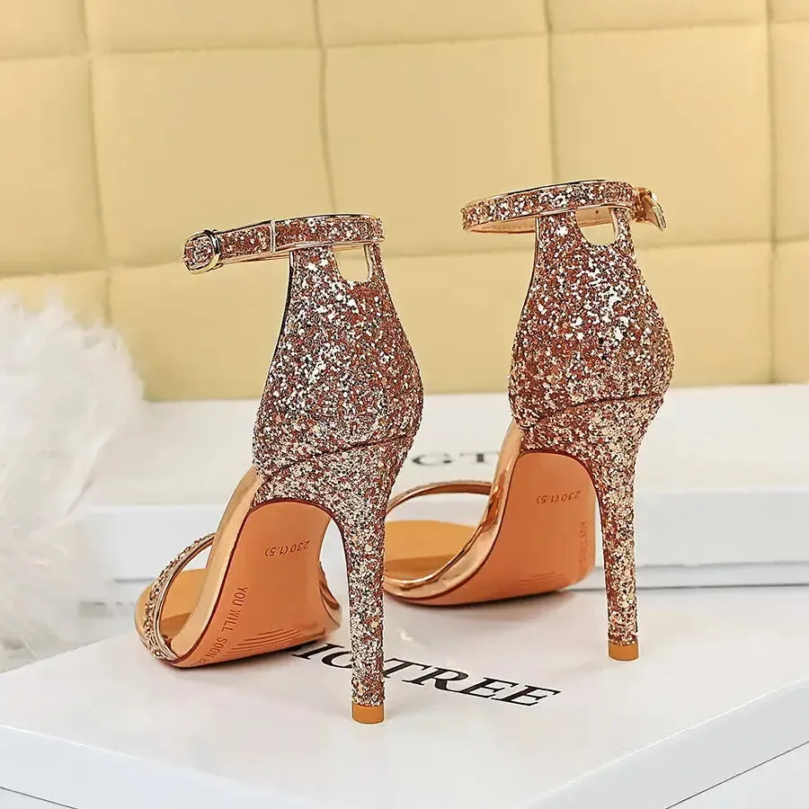 Summer Luxury Bling Sequined open-toe sandals T-strap Hollow Out High Heels Sandals Ladies Party Nightclub Sandal