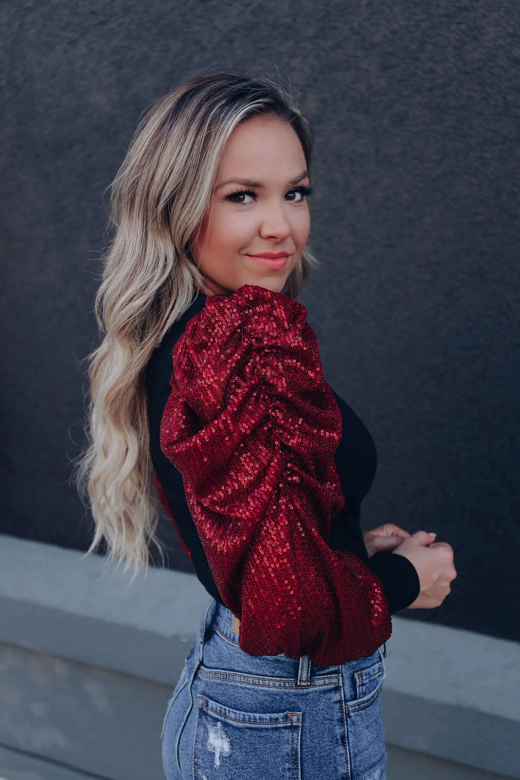 Tango Sequin Sleeve Bodysuit - Red