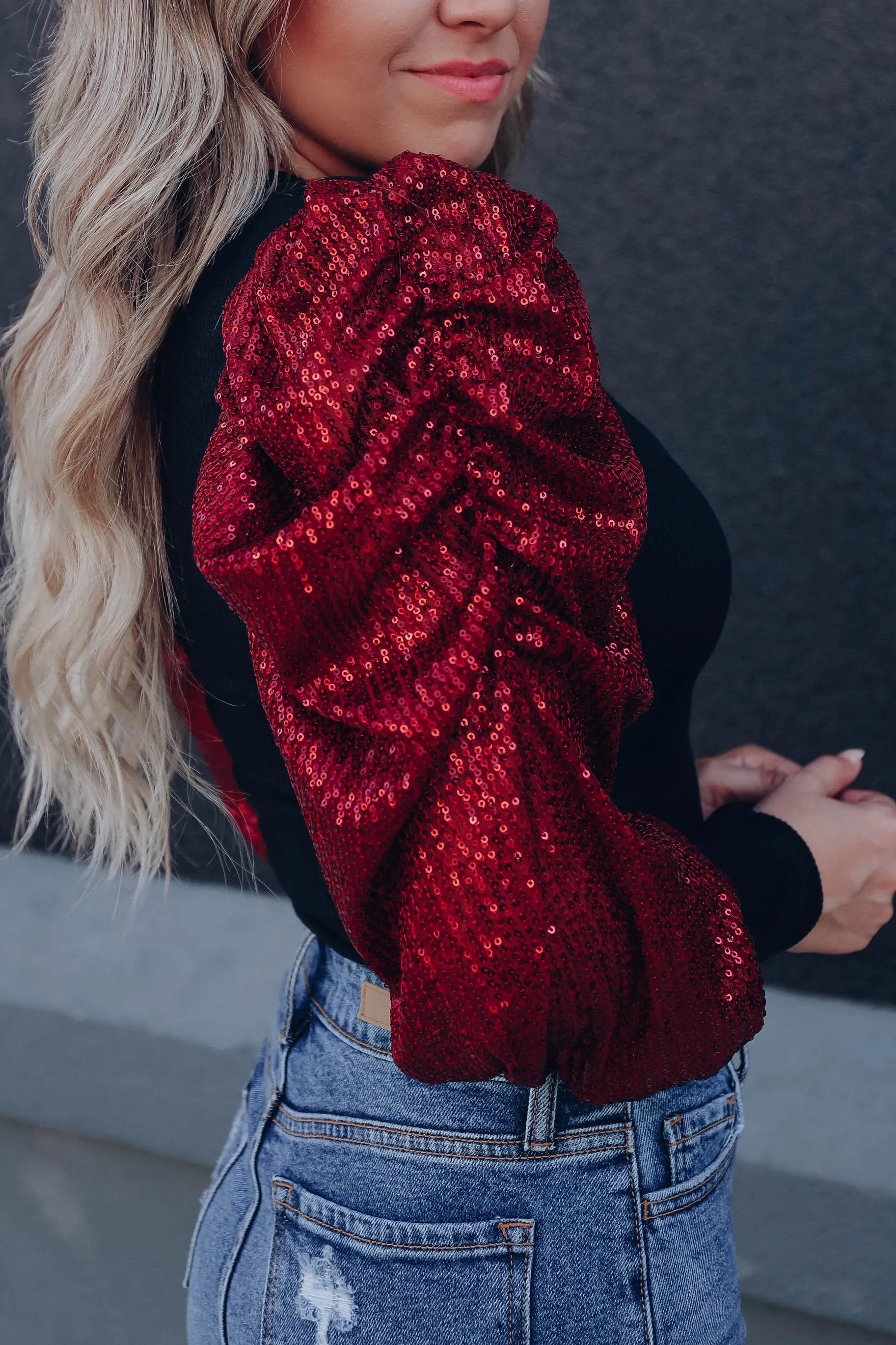 Tango Sequin Sleeve Bodysuit - Red