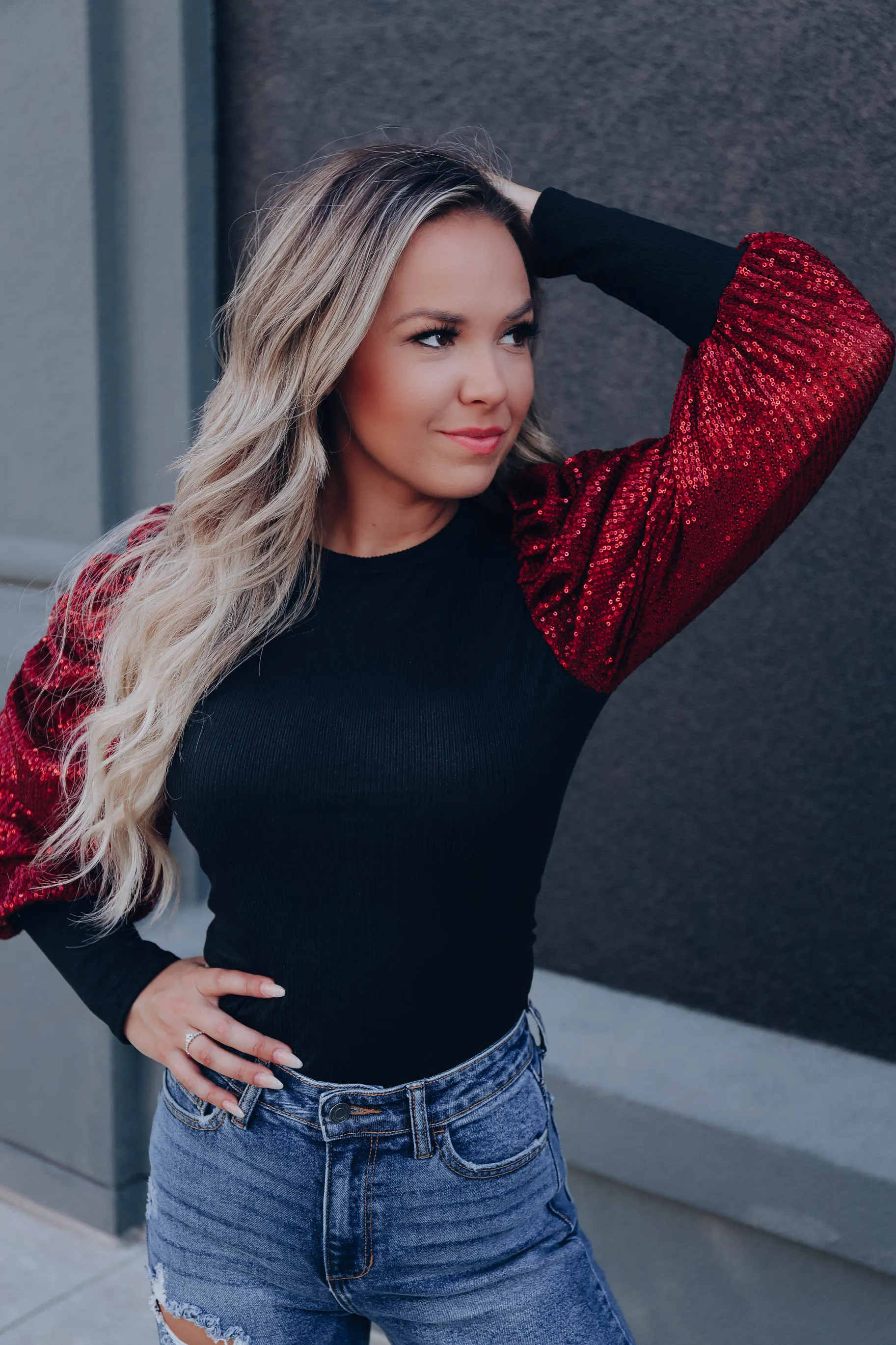 Tango Sequin Sleeve Bodysuit - Red