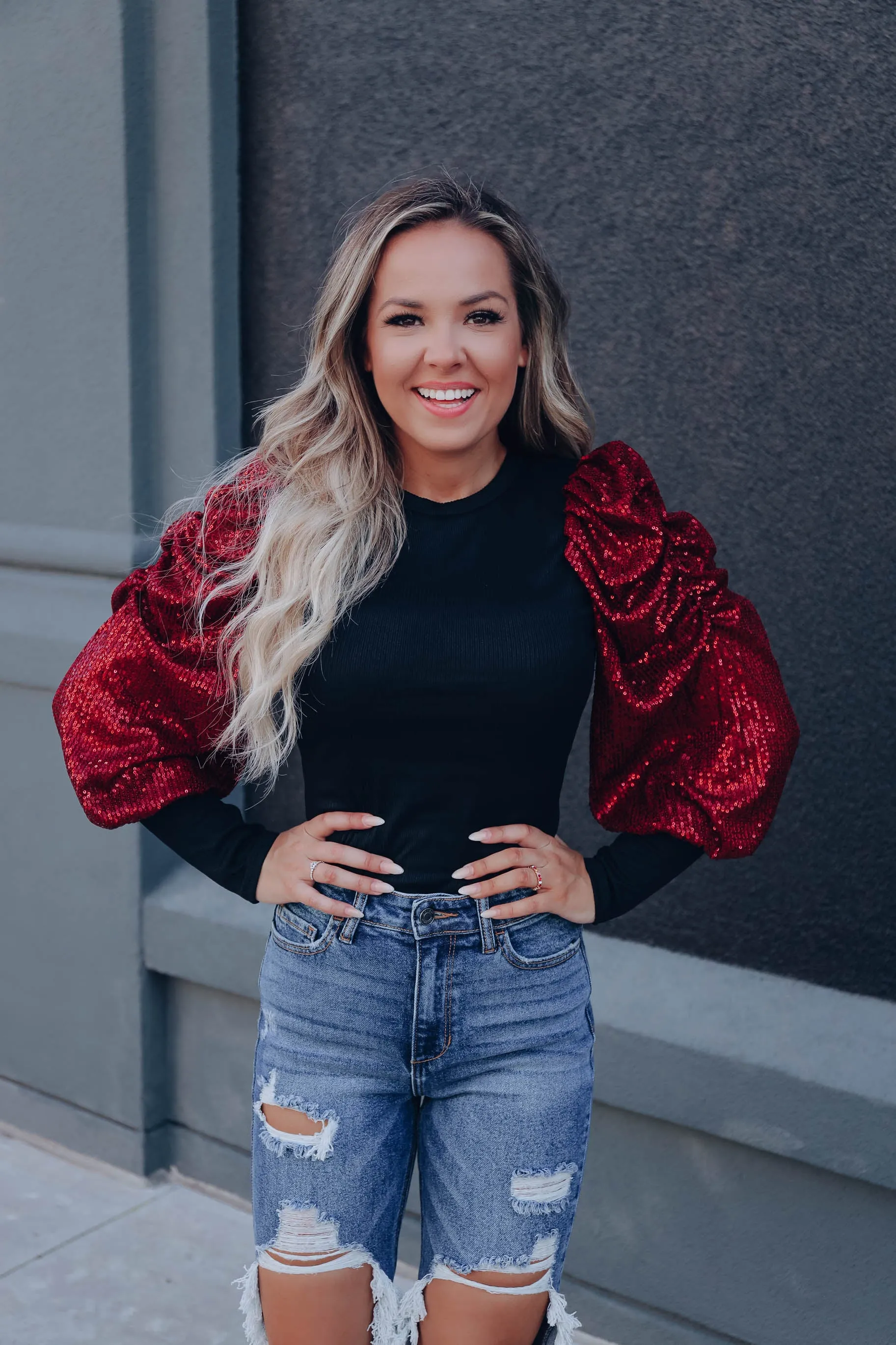Tango Sequin Sleeve Bodysuit - Red