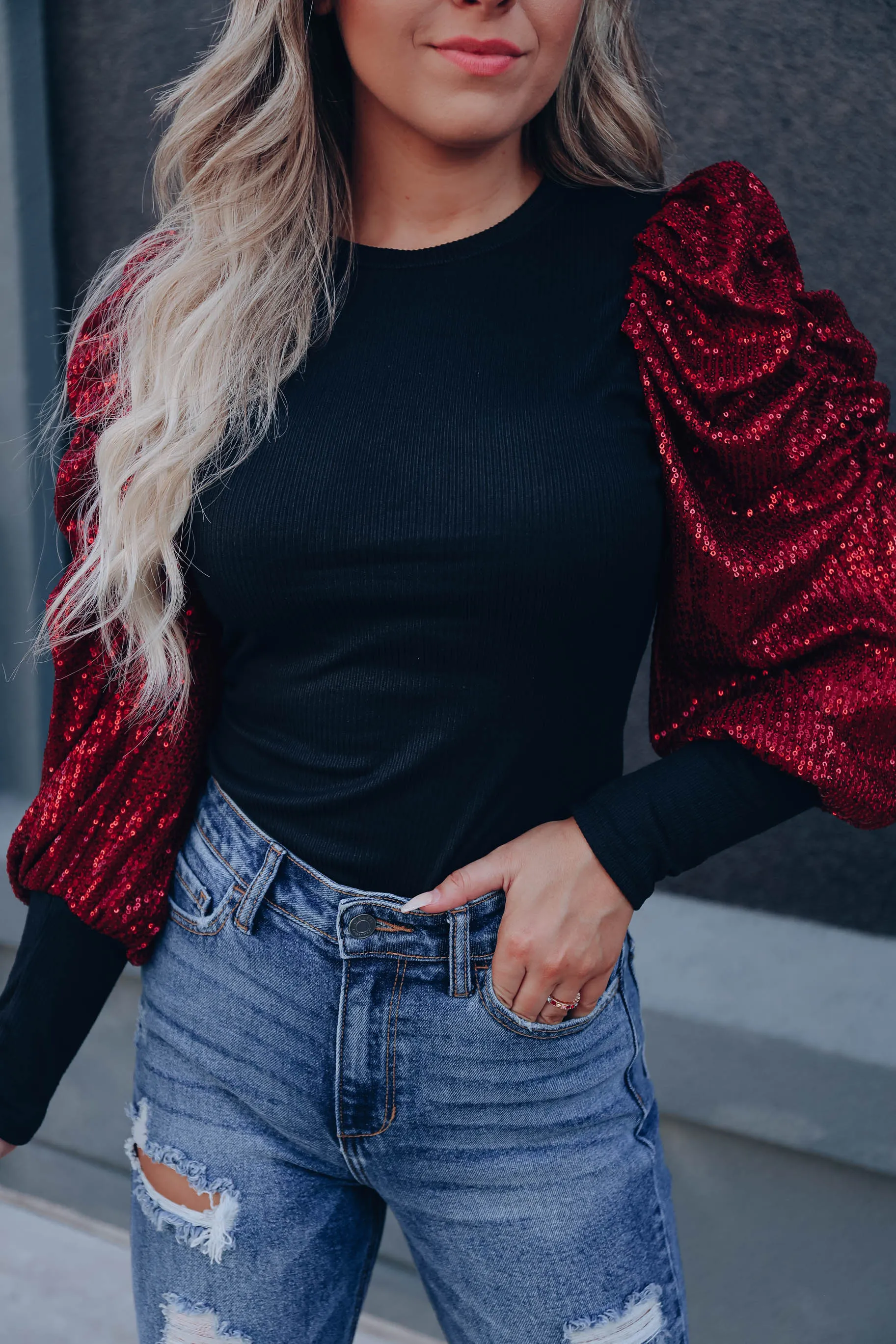 Tango Sequin Sleeve Bodysuit - Red
