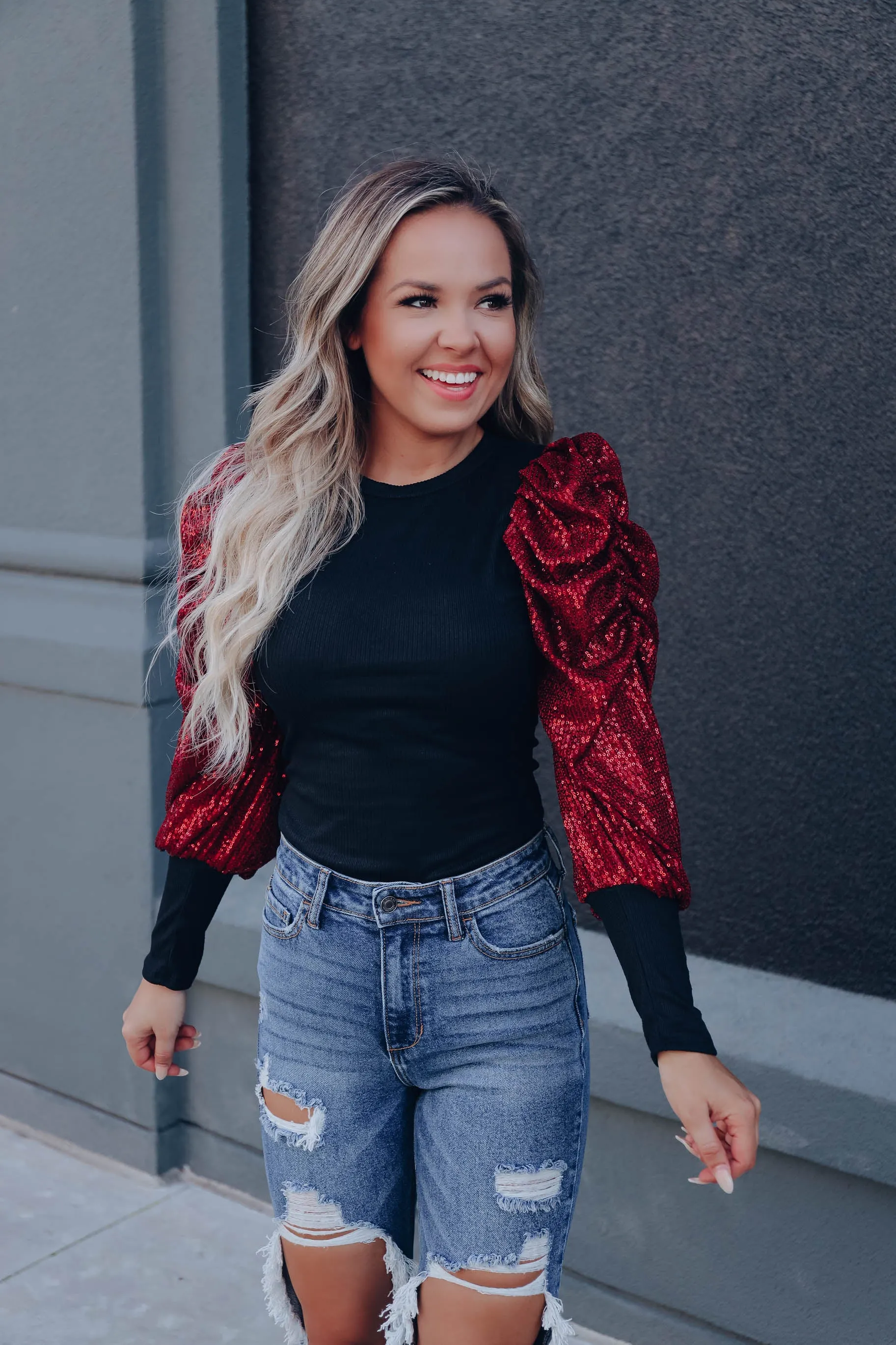 Tango Sequin Sleeve Bodysuit - Red