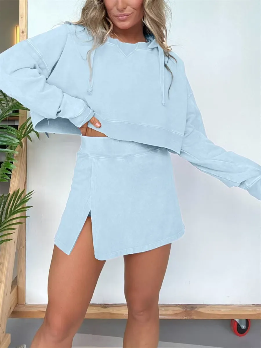 Trendy Cropped Hoodie and High-Slit Skirt Two-Piece Set