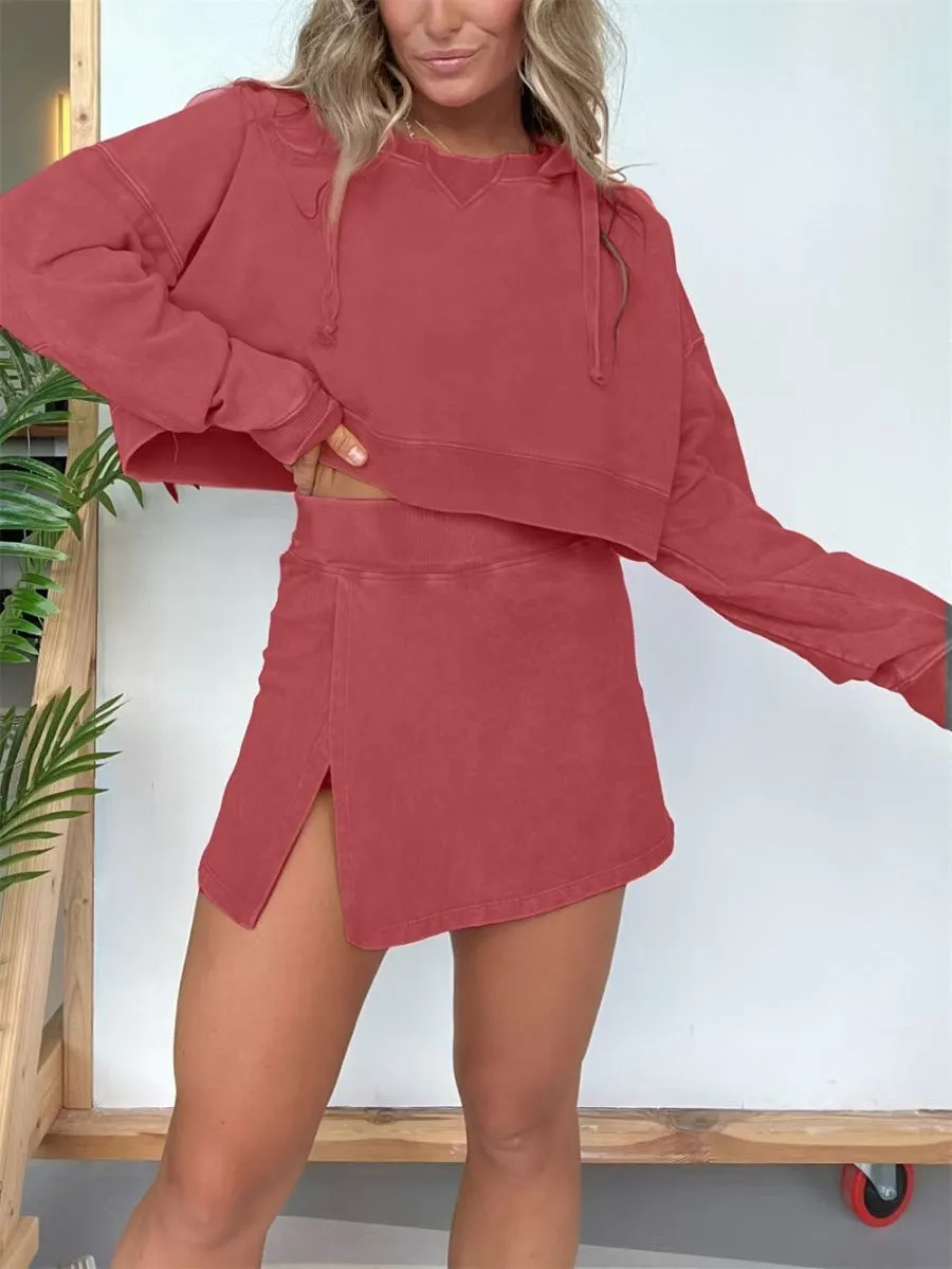Trendy Cropped Hoodie and High-Slit Skirt Two-Piece Set