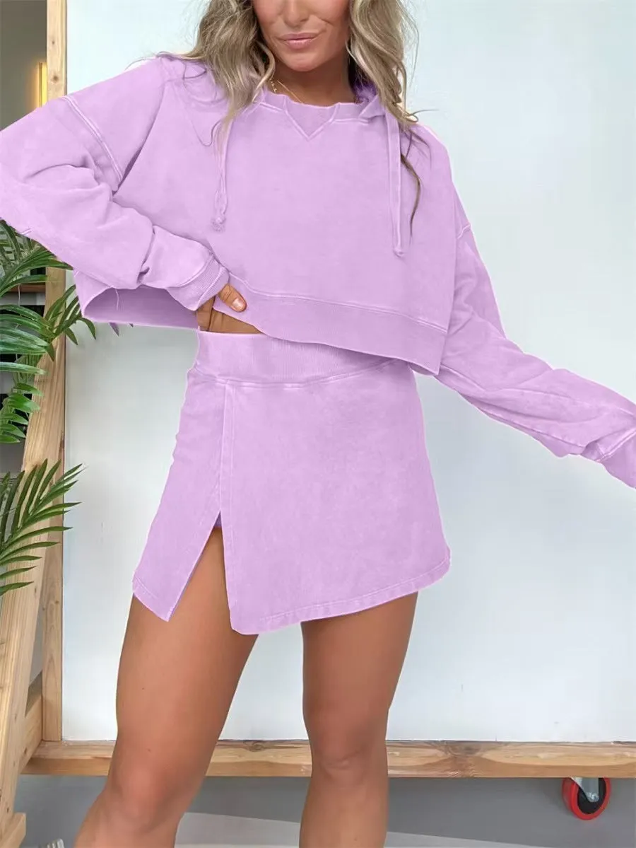 Trendy Cropped Hoodie and High-Slit Skirt Two-Piece Set