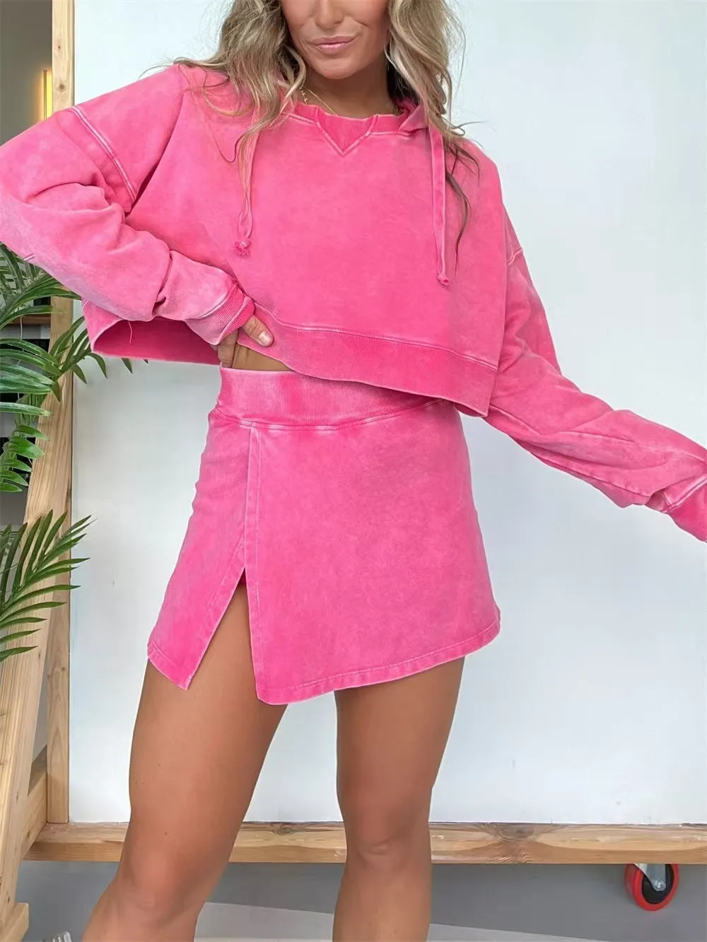 Trendy Cropped Hoodie and High-Slit Skirt Two-Piece Set