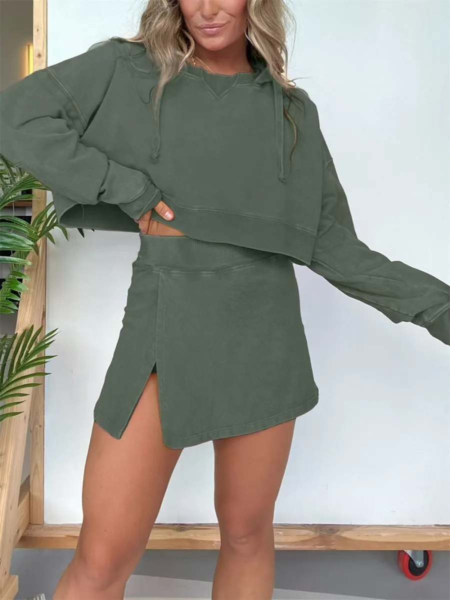 Trendy Cropped Hoodie and High-Slit Skirt Two-Piece Set