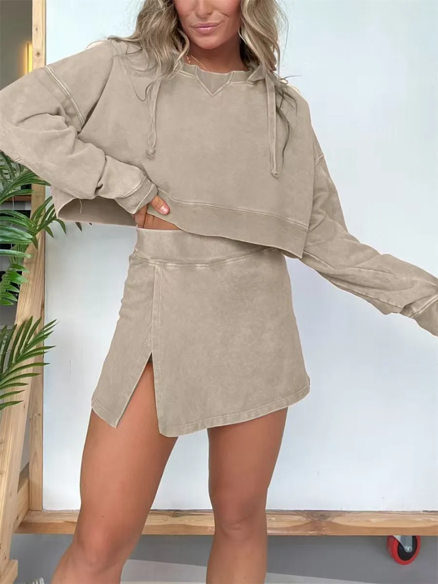 Trendy Cropped Hoodie and High-Slit Skirt Two-Piece Set