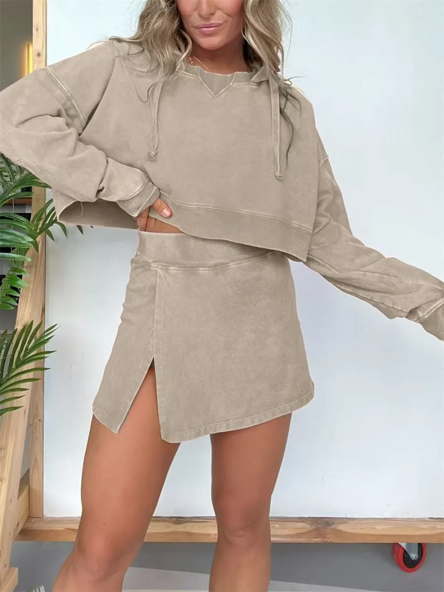 Trendy Cropped Hoodie and High-Slit Skirt Two-Piece Set