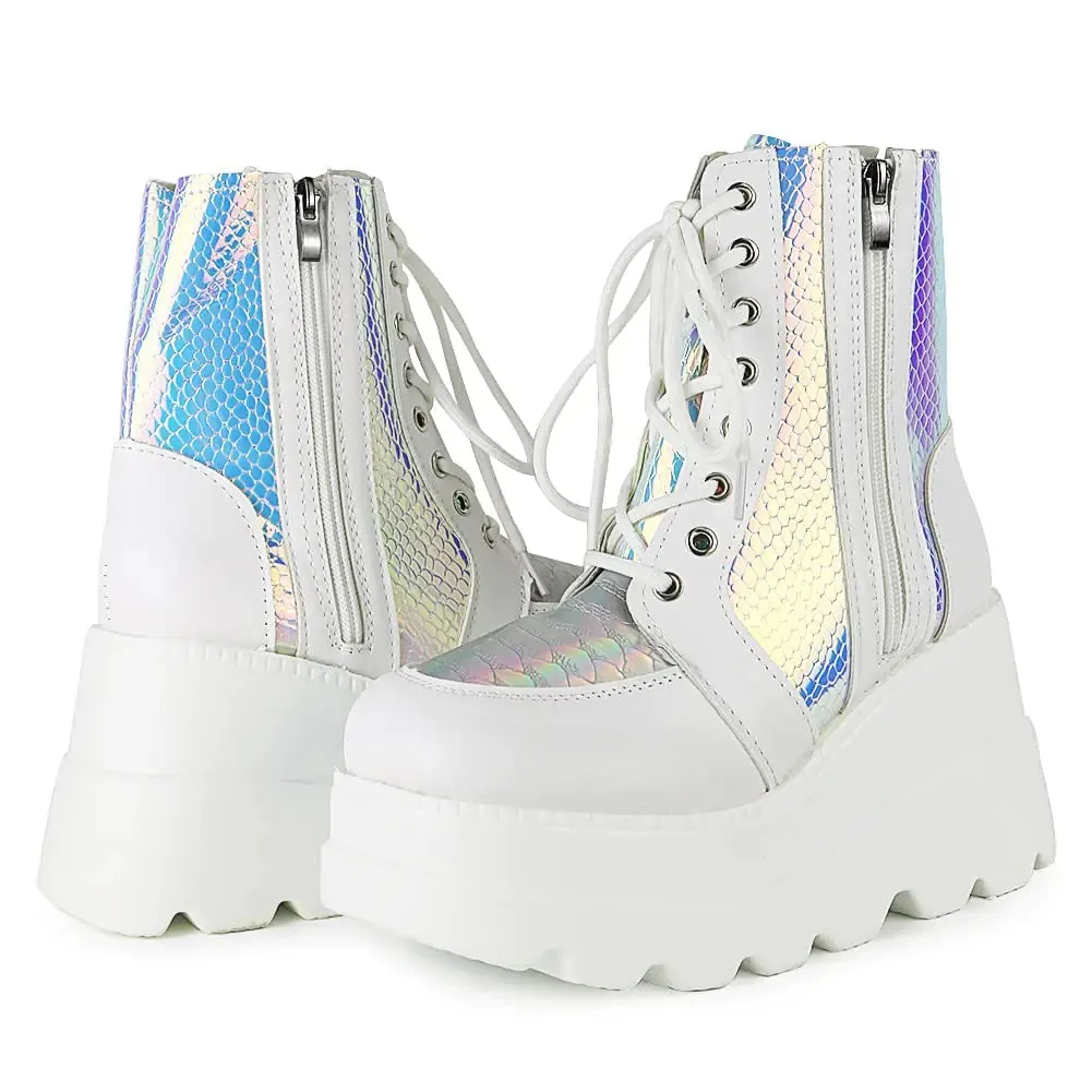 UOQAPRE Womens High Heel Combat Boots Square Toe Lace Up Ankle Booties Fashion Wedge Chunky Platform Boots Zipper Bootie Shoes