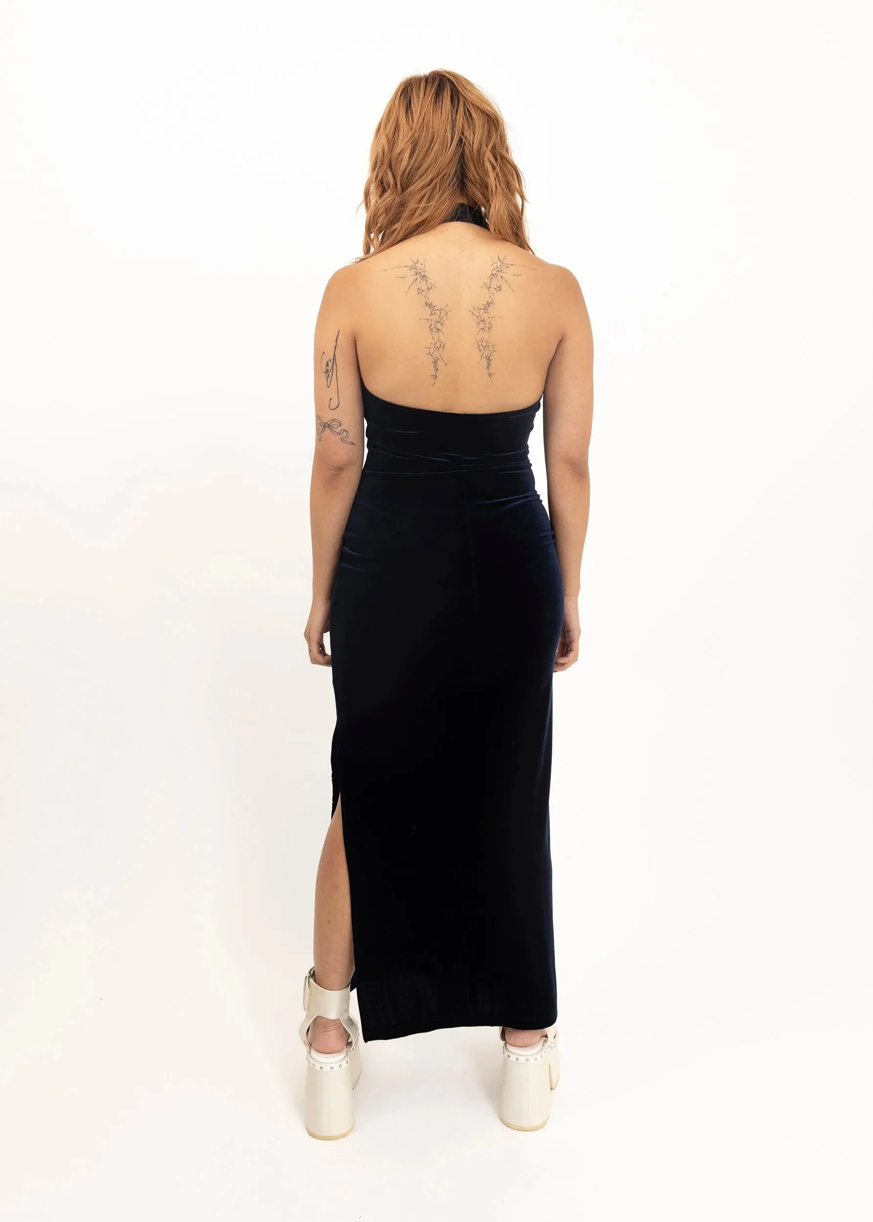 Velvet gown with glitter filigree appliqué