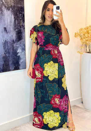 Vibrant Floral Elegance Ruffle Sleeve Belted Maxi Dress with Slit