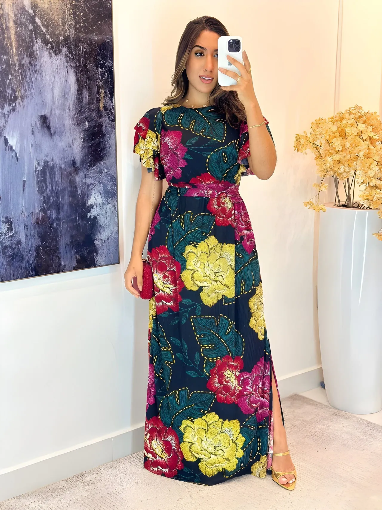 Vibrant Floral Elegance Ruffle Sleeve Belted Maxi Dress with Slit