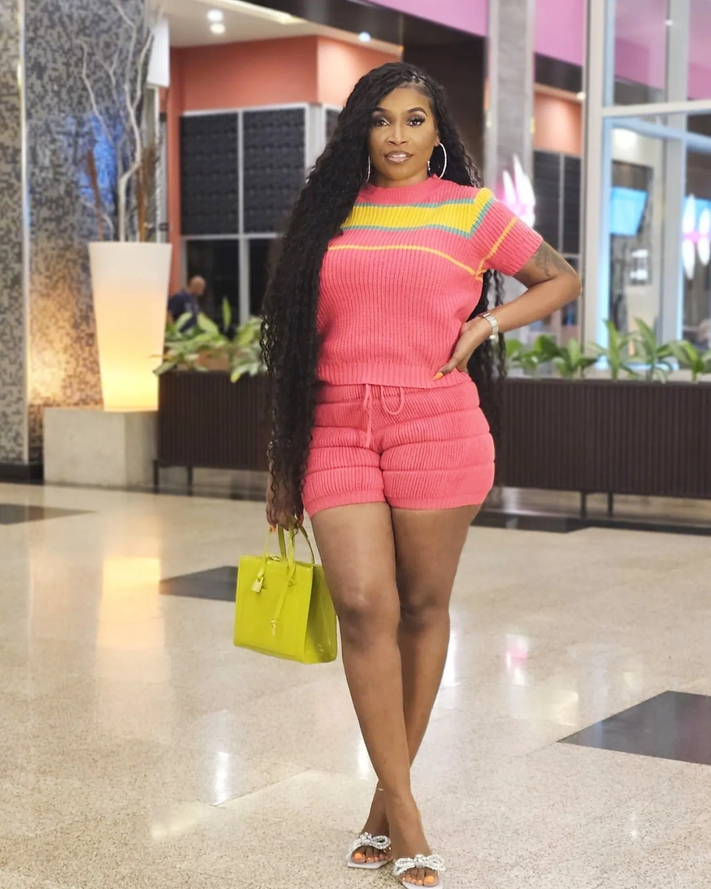 Vibrant Knit Short Set with Sporty Chic Striped Detailing