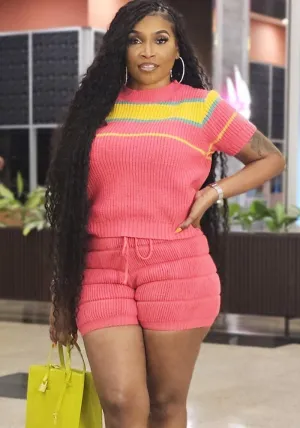 Vibrant Knit Short Set with Sporty Chic Striped Detailing