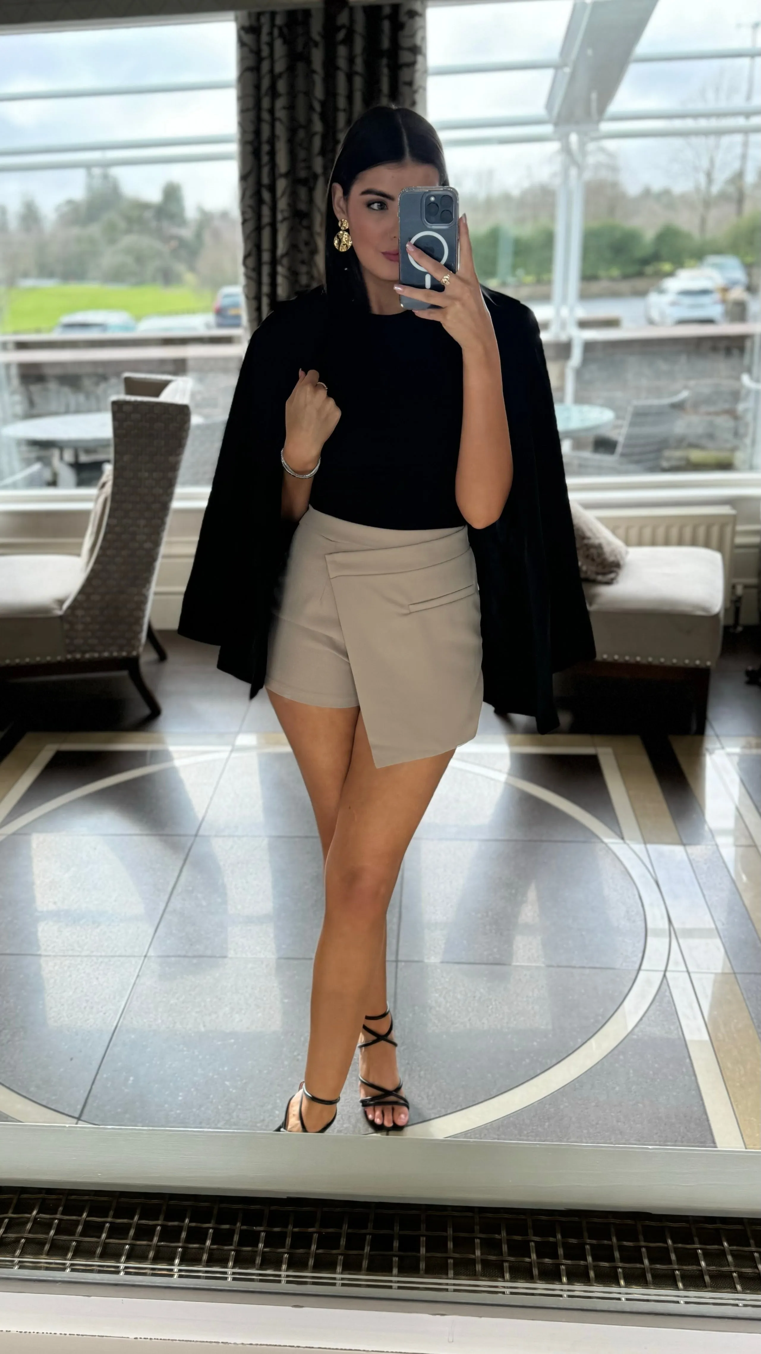 Vivienne Beige And Black 2-in-1 Sleeveless Wrap Detail Playsuit
