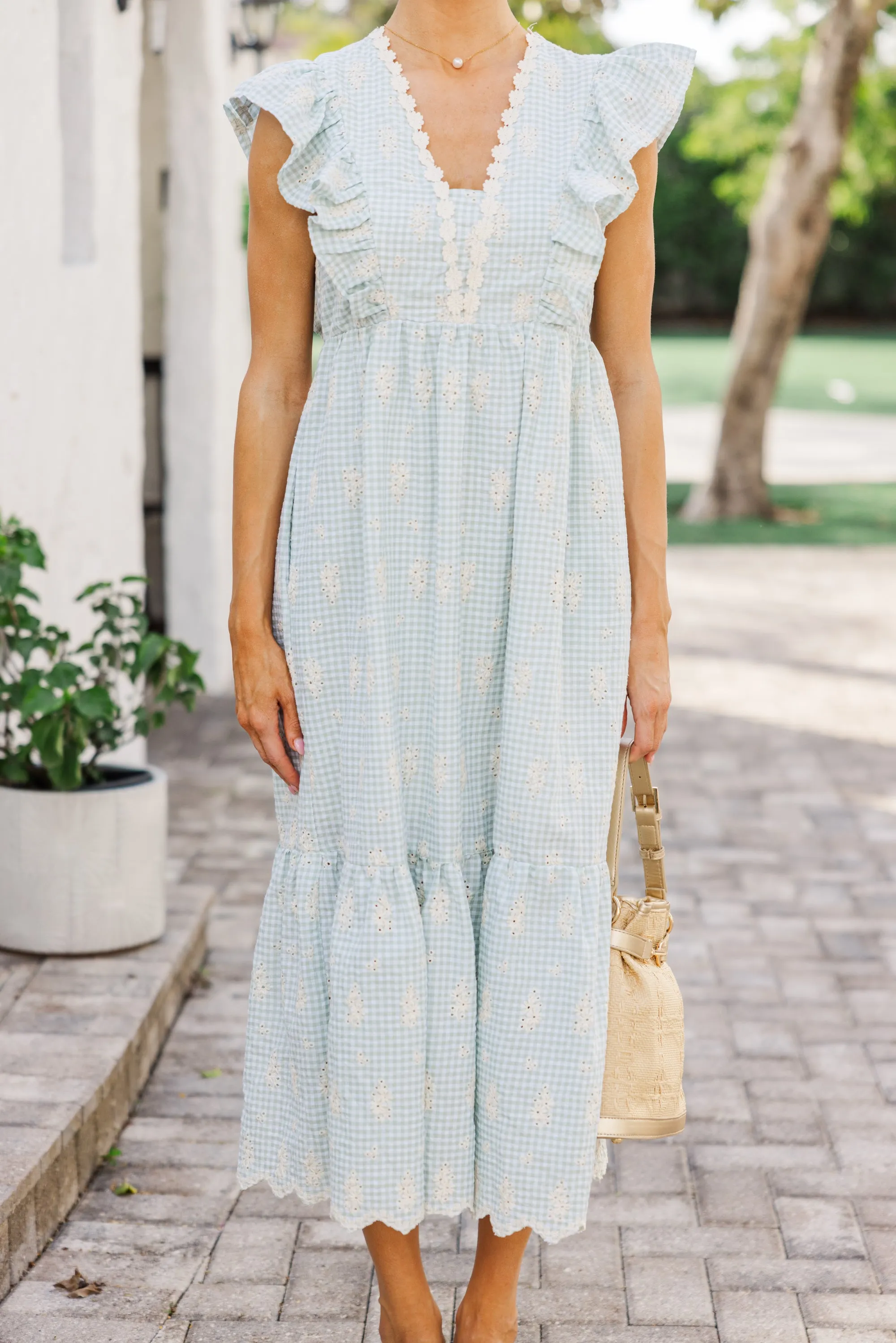 What I've Found Sage Green Gingham Midi Dress