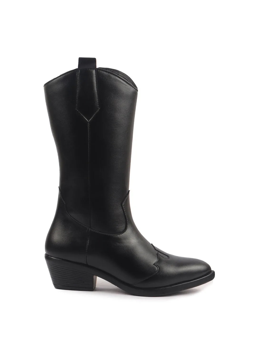 Women Black Knee Length Side Zipper Closure Pointed Toe Flared Heel Long Boots for Winter|Outdoor Boots