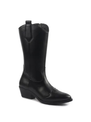 Women Black Knee Length Side Zipper Closure Pointed Toe Flared Heel Long Boots for Winter|Outdoor Boots