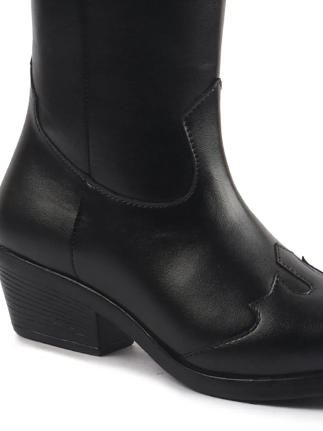 Women Black Knee Length Side Zipper Closure Pointed Toe Flared Heel Long Boots for Winter|Outdoor Boots