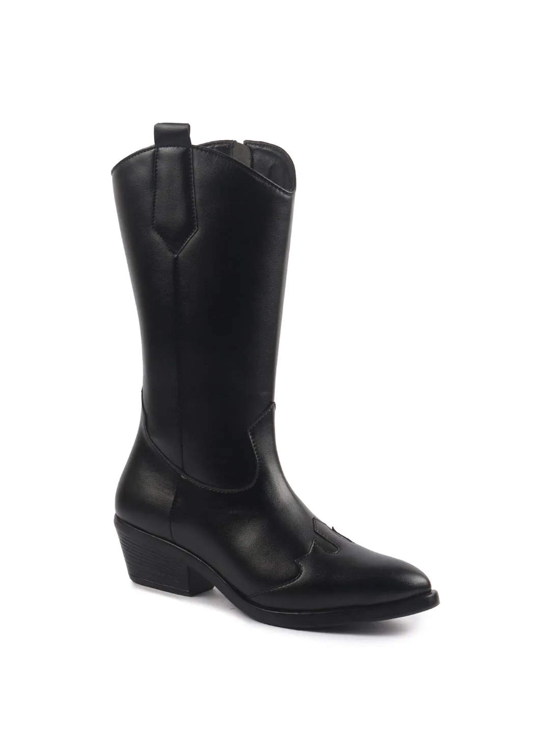 Women Black Knee Length Side Zipper Closure Pointed Toe Flared Heel Long Boots for Winter|Outdoor Boots