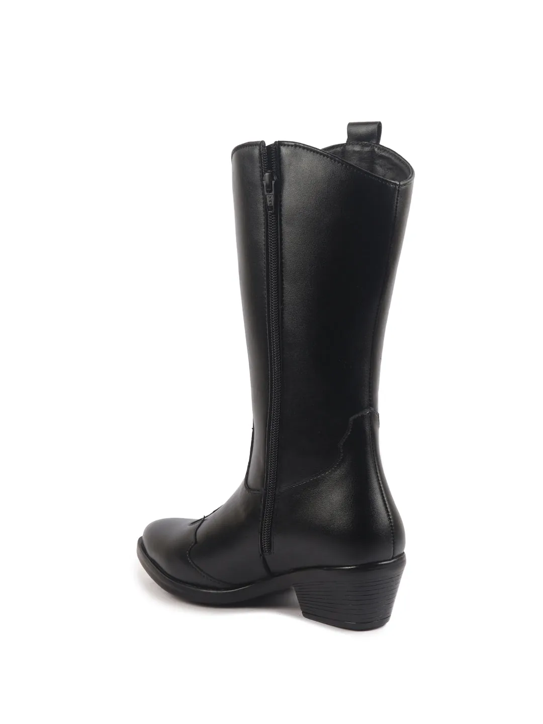 Women Black Knee Length Side Zipper Closure Pointed Toe Flared Heel Long Boots for Winter|Outdoor Boots