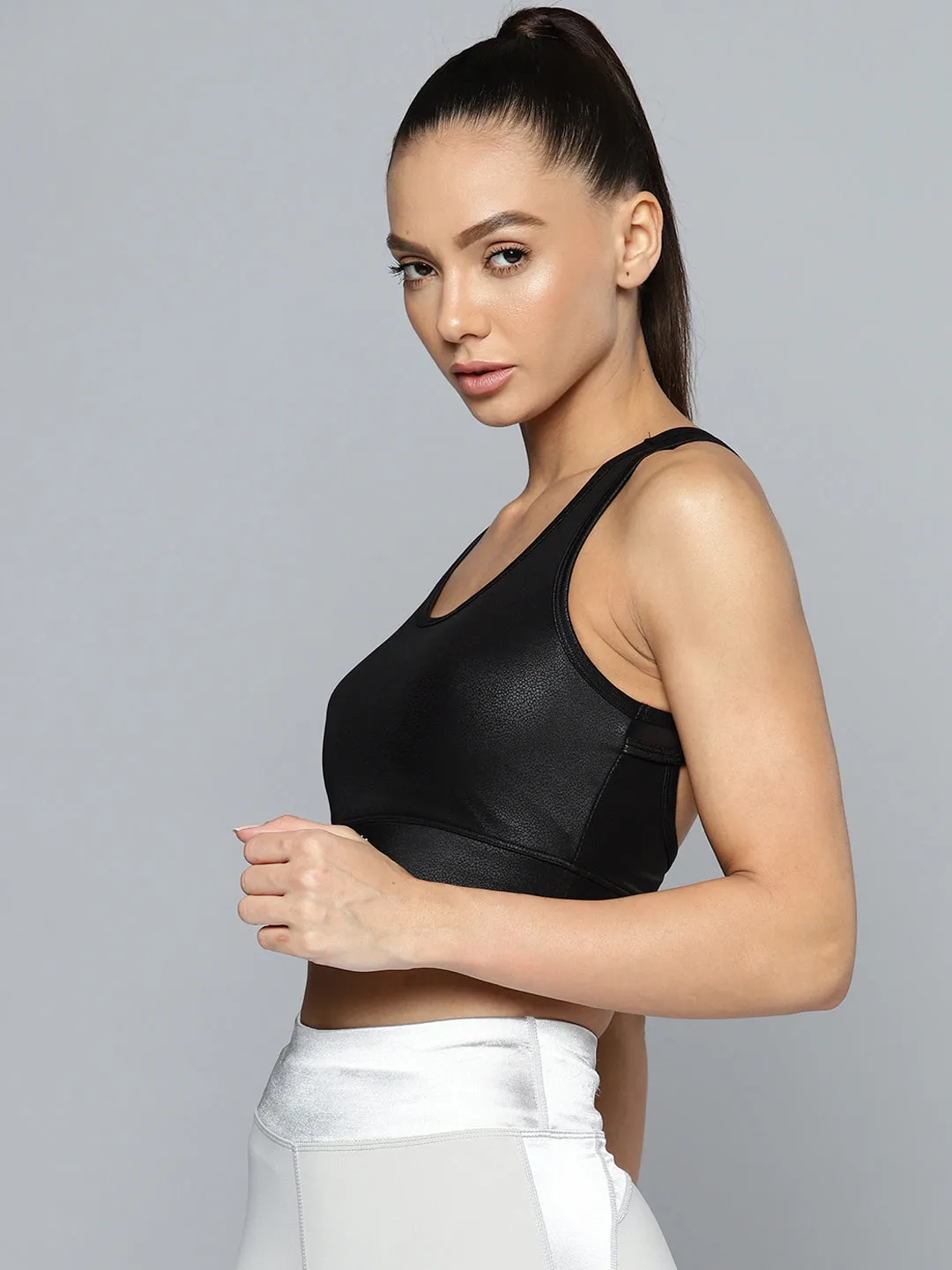 Women Black Medium Impact Sports Bra With Back Mesh