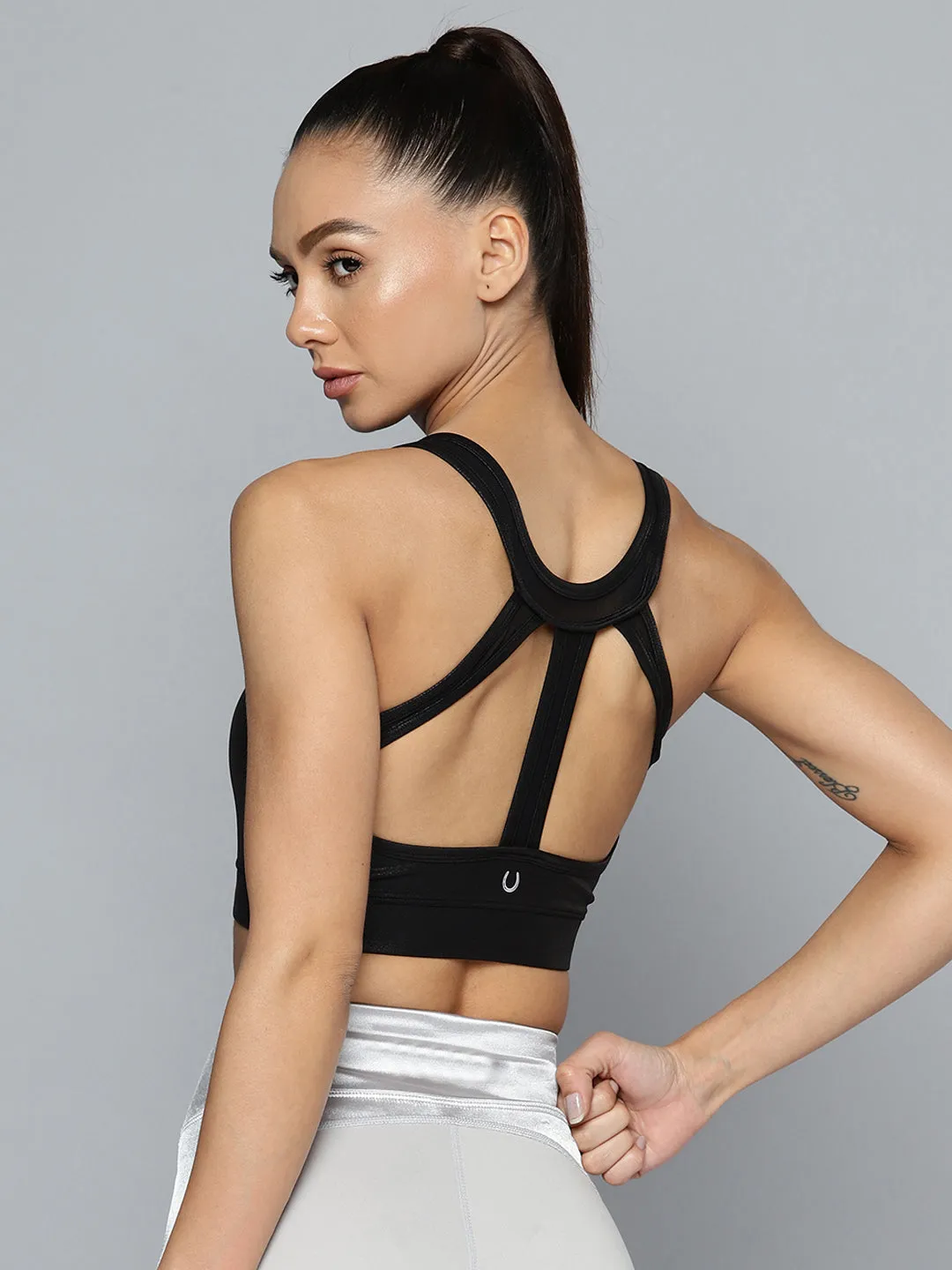 Women Black Medium Impact Sports Bra With Back Mesh