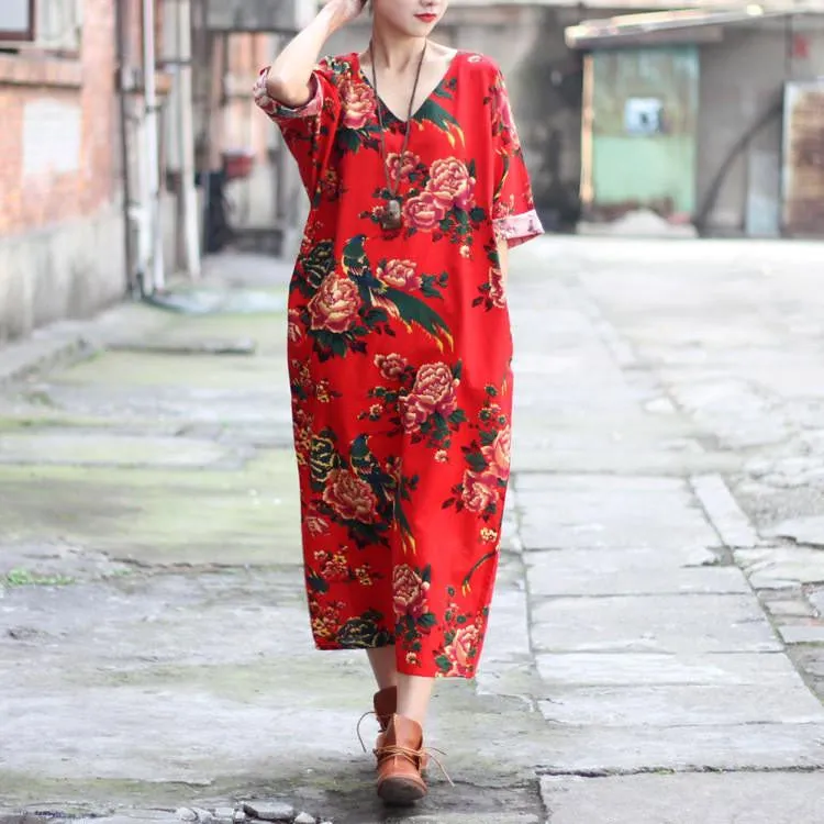 Women Dress Summer Linen V-neck Vintage Print Long-sleeve Loose-waist Hem Split Long Maxi Vintage Dress 0144