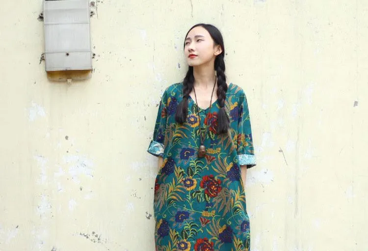 Women Dress Summer Linen V-neck Vintage Print Long-sleeve Loose-waist Hem Split Long Maxi Vintage Dress 0144