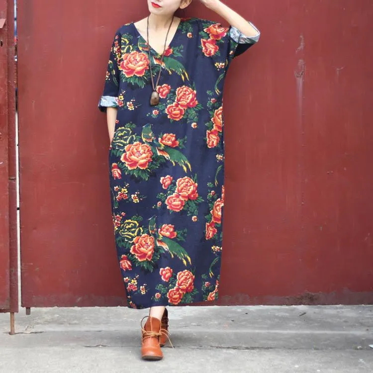 Women Dress Summer Linen V-neck Vintage Print Long-sleeve Loose-waist Hem Split Long Maxi Vintage Dress 0144