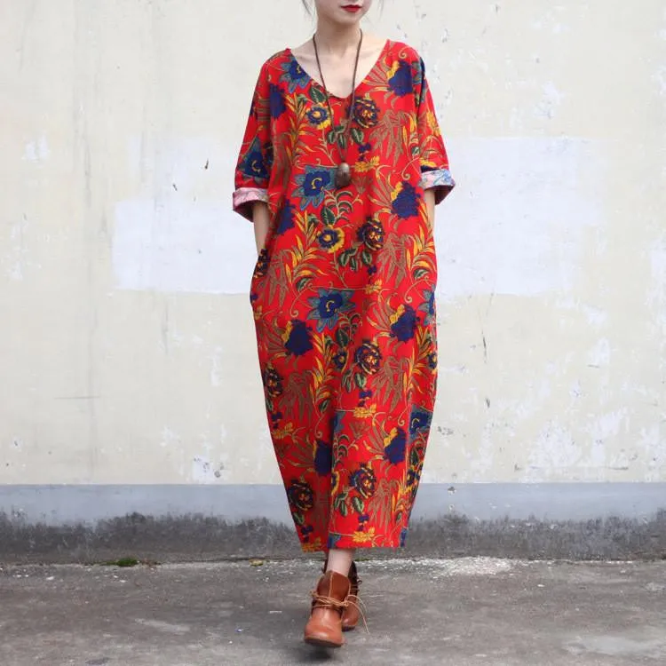 Women Dress Summer Linen V-neck Vintage Print Long-sleeve Loose-waist Hem Split Long Maxi Vintage Dress 0144
