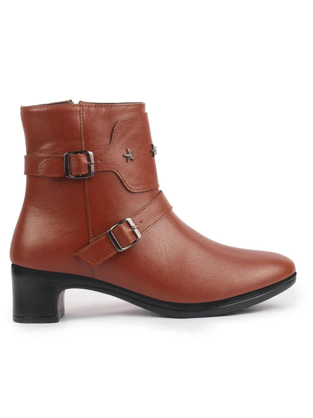 Women High Top Side Zipper Platform Flared Heel Formal Boot Mid Ankle Double Strap Monk Chelsea Boots