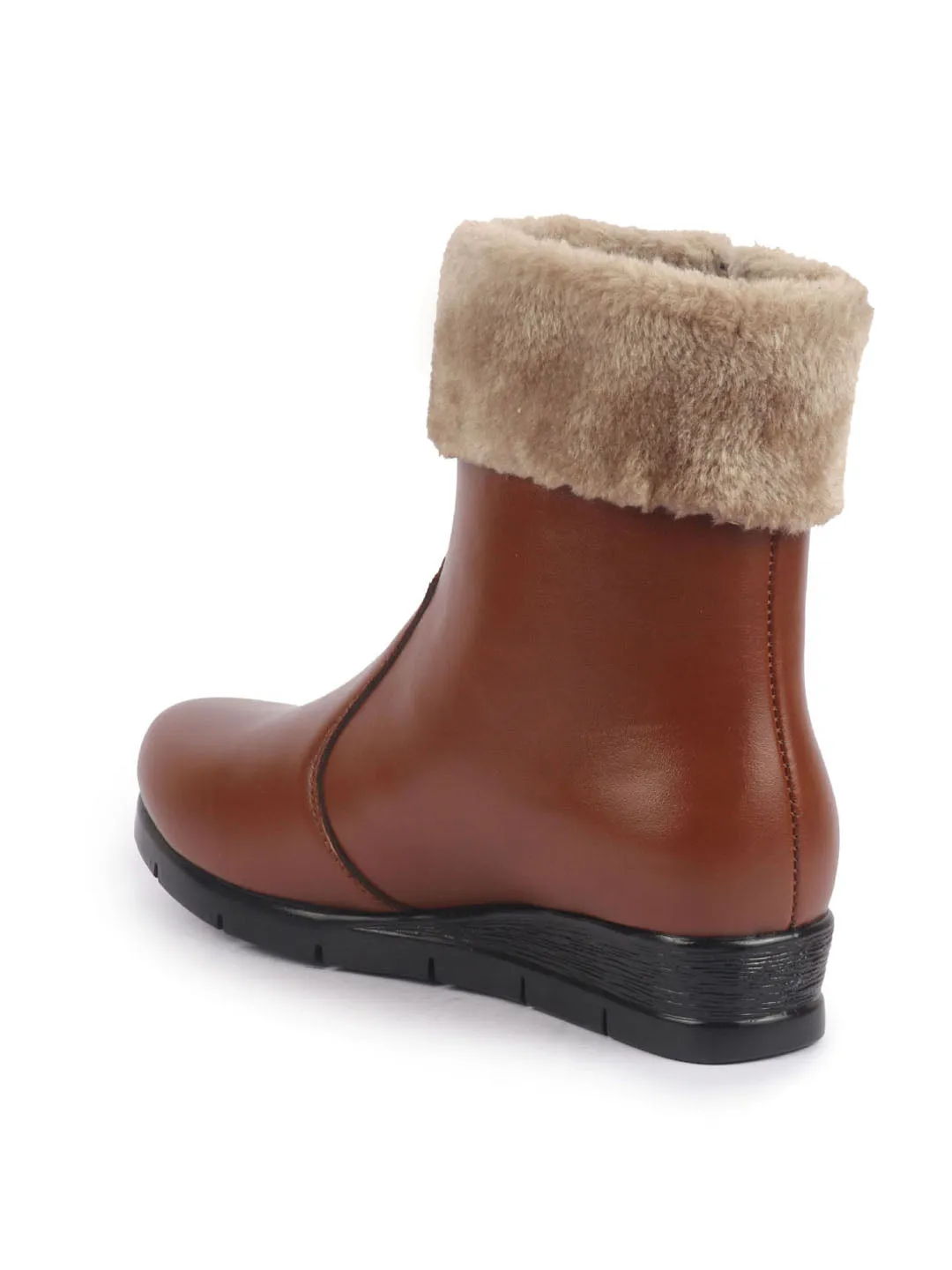 Women High Top Side Zipper Platform Wedge Heel Formal Furr Boot Winter High Ankle Slip-On Boots