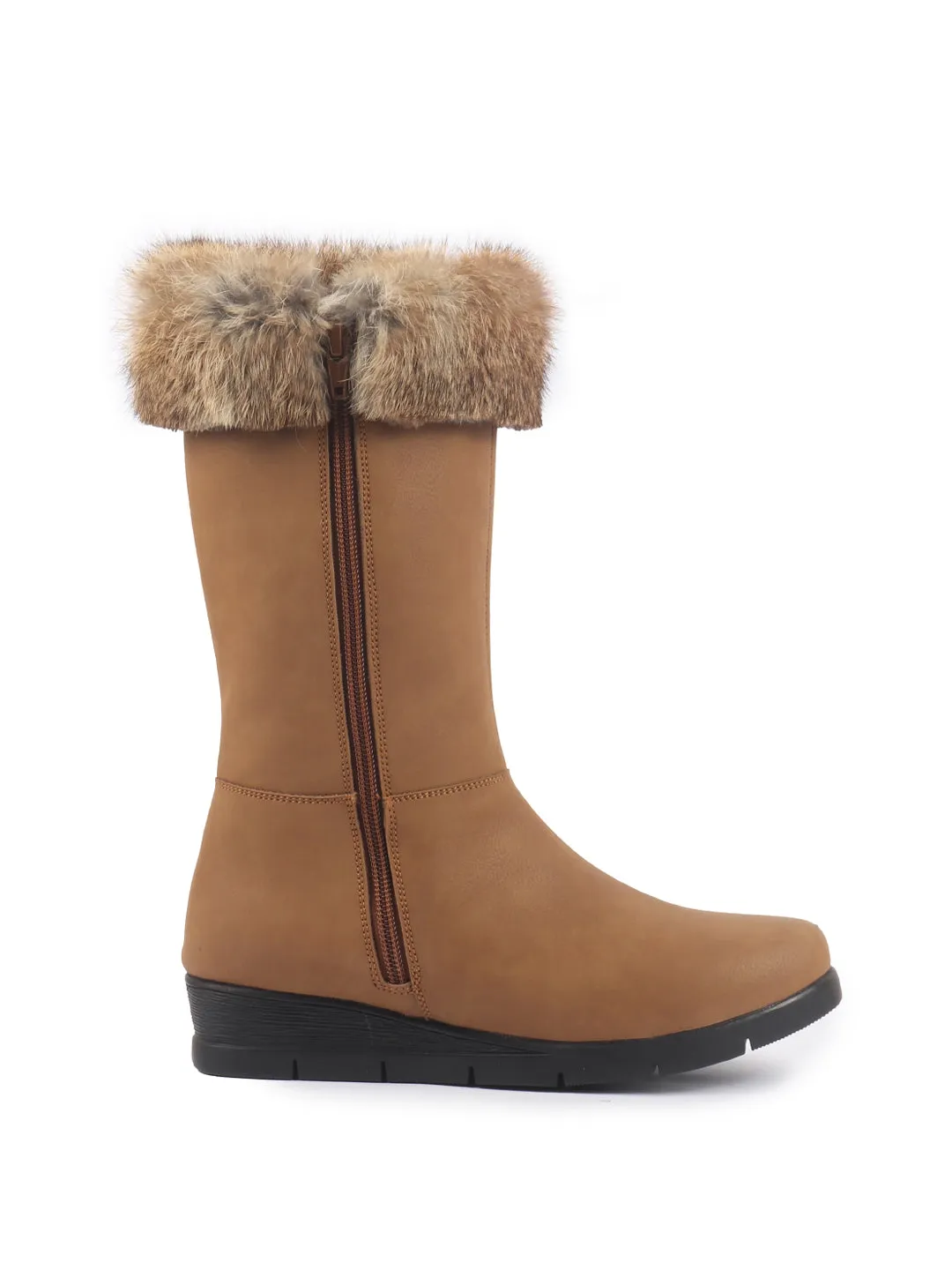 Women Tan High Ankle Side Zipper Winter Classic Fur Boots|Memory Cushion Inslole|Platform Wedge Heel Mid Calf Work Boot