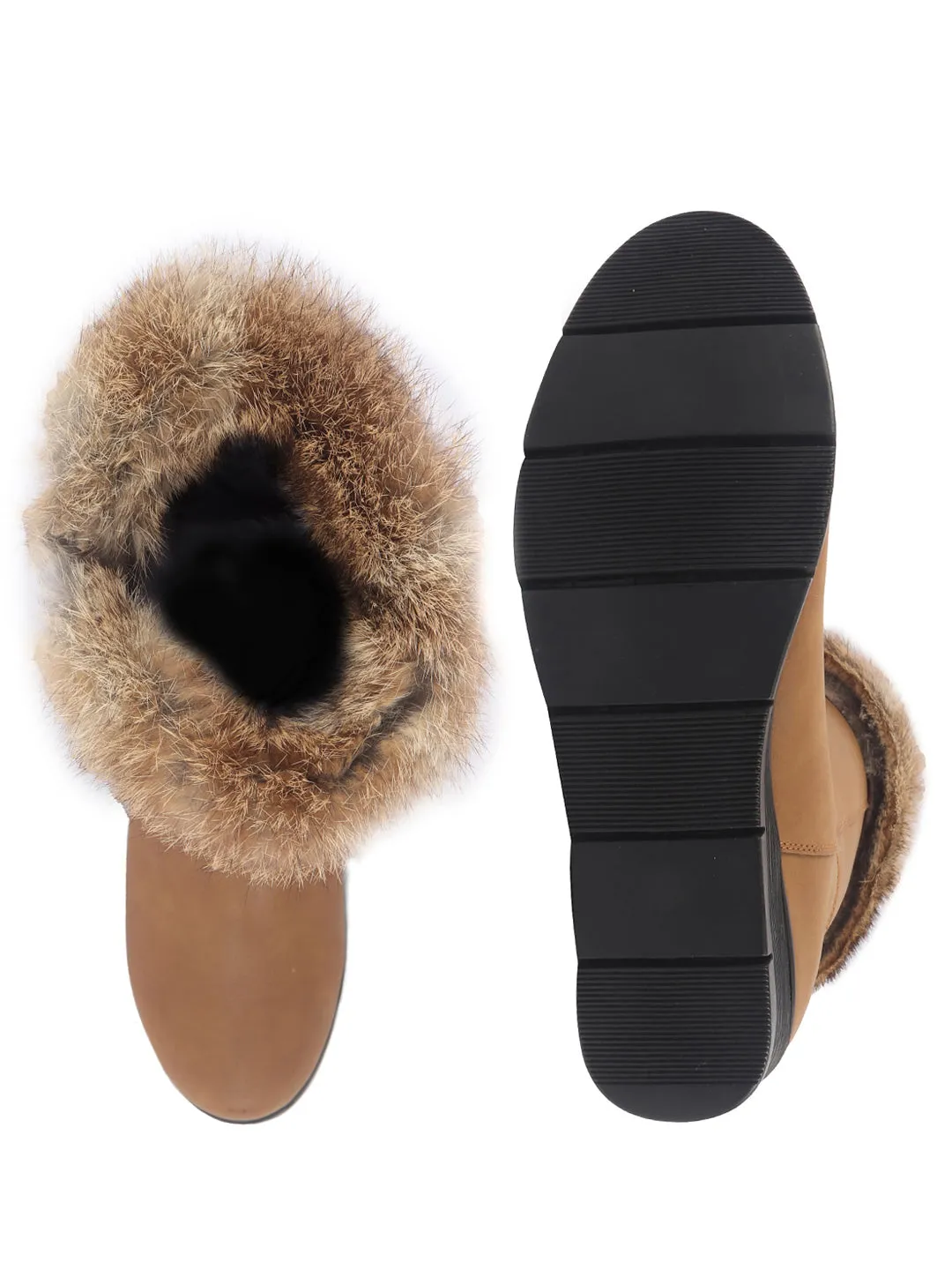 Women Tan High Ankle Side Zipper Winter Classic Fur Boots|Memory Cushion Inslole|Platform Wedge Heel Mid Calf Work Boot