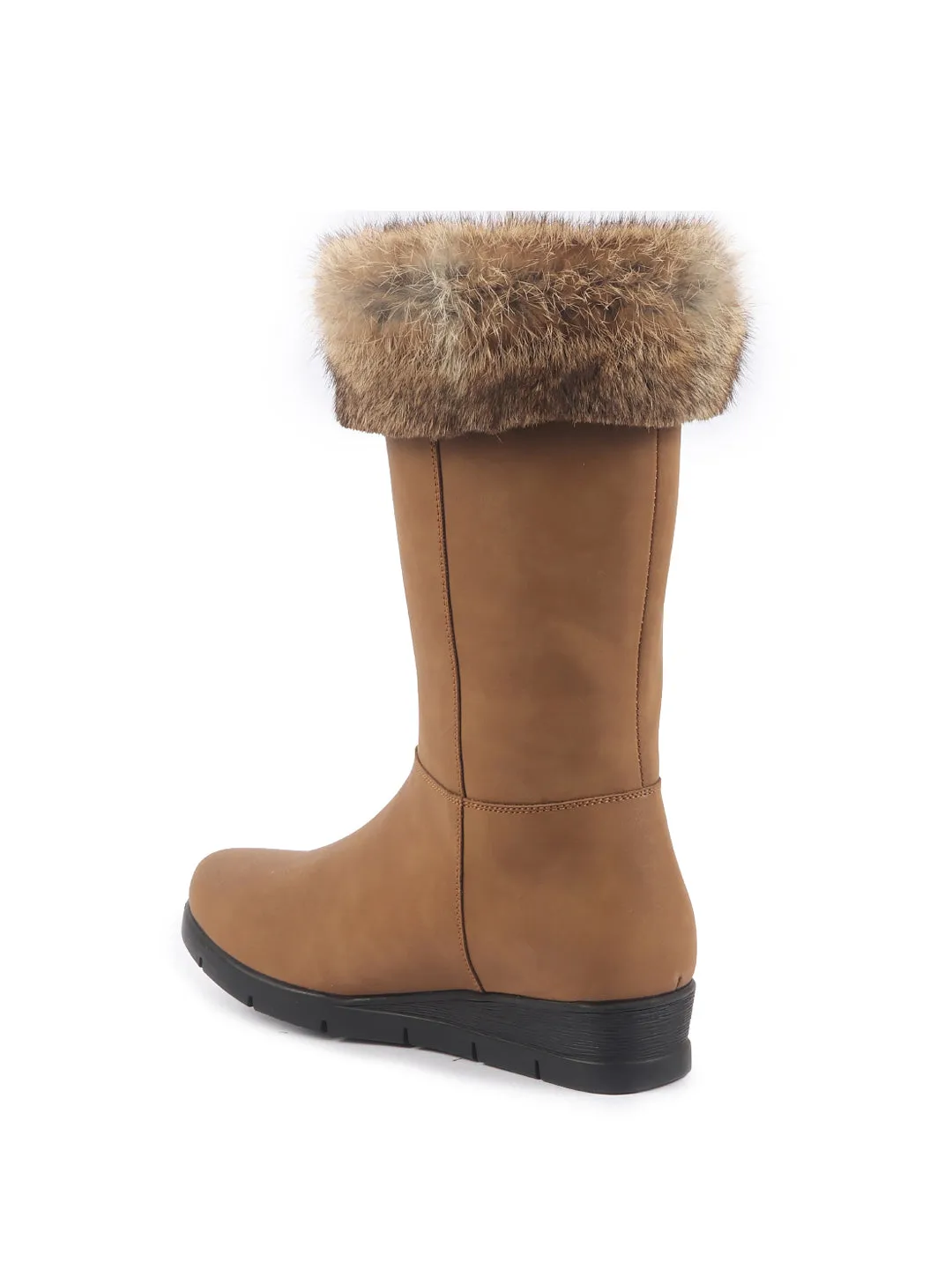 Women Tan High Ankle Side Zipper Winter Classic Fur Boots|Memory Cushion Inslole|Platform Wedge Heel Mid Calf Work Boot