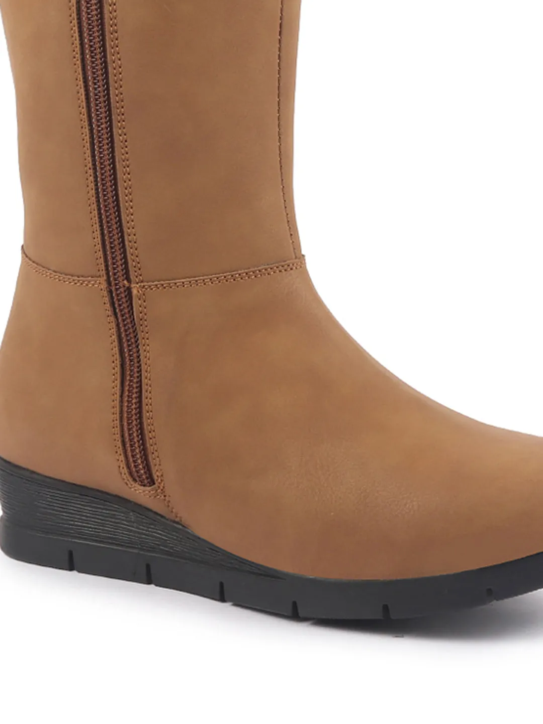 Women Tan High Ankle Side Zipper Winter Classic Fur Boots|Memory Cushion Inslole|Platform Wedge Heel Mid Calf Work Boot