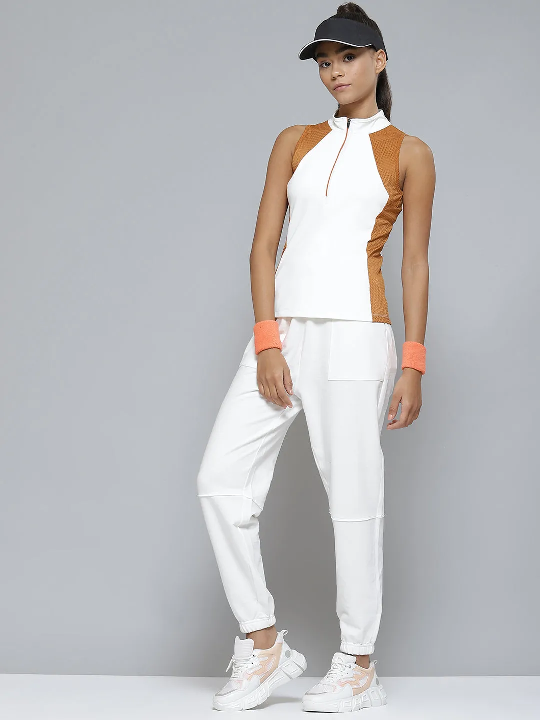Women White & Rust Orange Colourblocked Mesh Detail Slim Fit Rapid-Dry Tennis Top