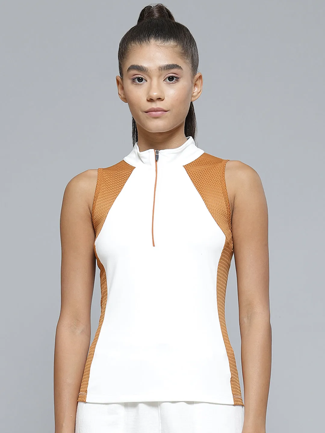 Women White & Rust Orange Colourblocked Mesh Detail Slim Fit Rapid-Dry Tennis Top