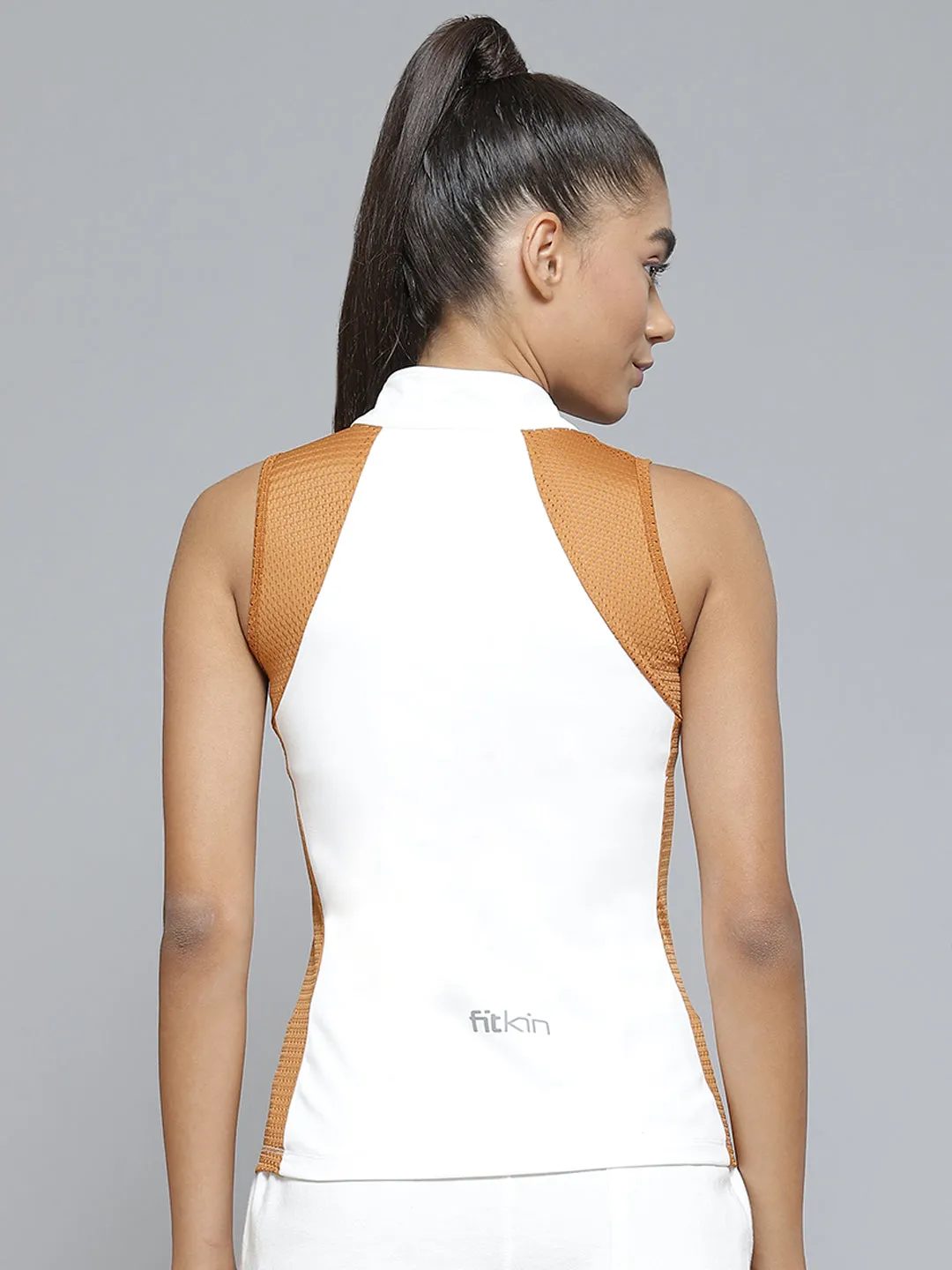 Women White & Rust Orange Colourblocked Mesh Detail Slim Fit Rapid-Dry Tennis Top