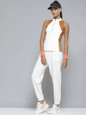 Women White & Rust Orange Colourblocked Mesh Detail Slim Fit Rapid-Dry Tennis Top