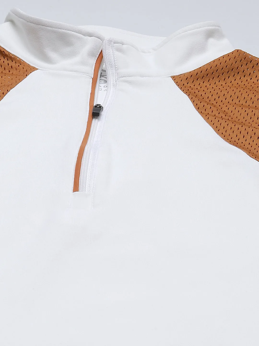 Women White & Rust Orange Colourblocked Mesh Detail Slim Fit Rapid-Dry Tennis Top