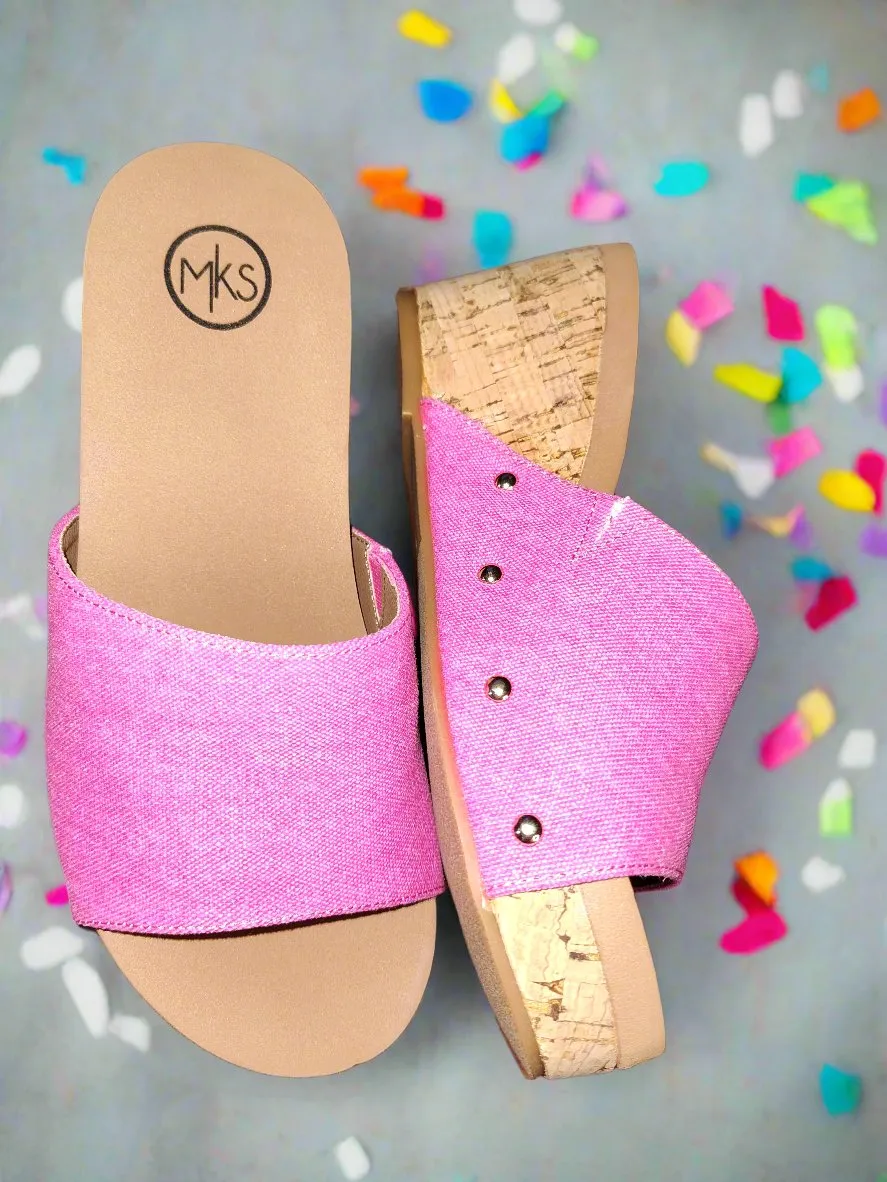 Women's Fuchsia Wedge Sandals With Cork Effect Platform