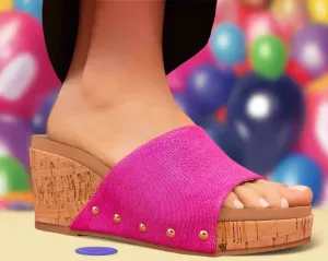 Women's Fuchsia Wedge Sandals With Cork Effect Platform