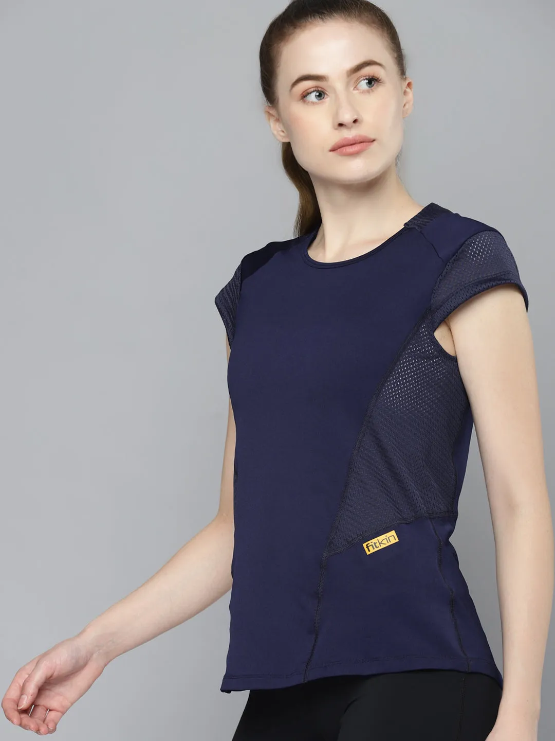 Women's Navy Blue Self Design Relaxed Fit Sports T-shirt